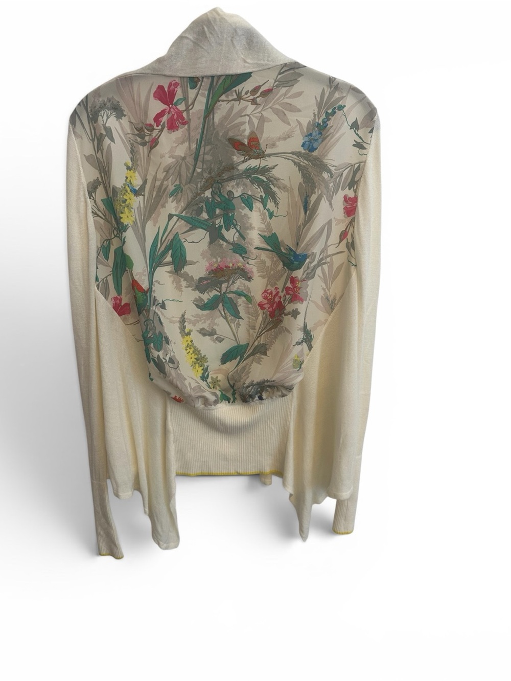 Light Cream Open-Front Women's Sweater Cardigan with Floral back